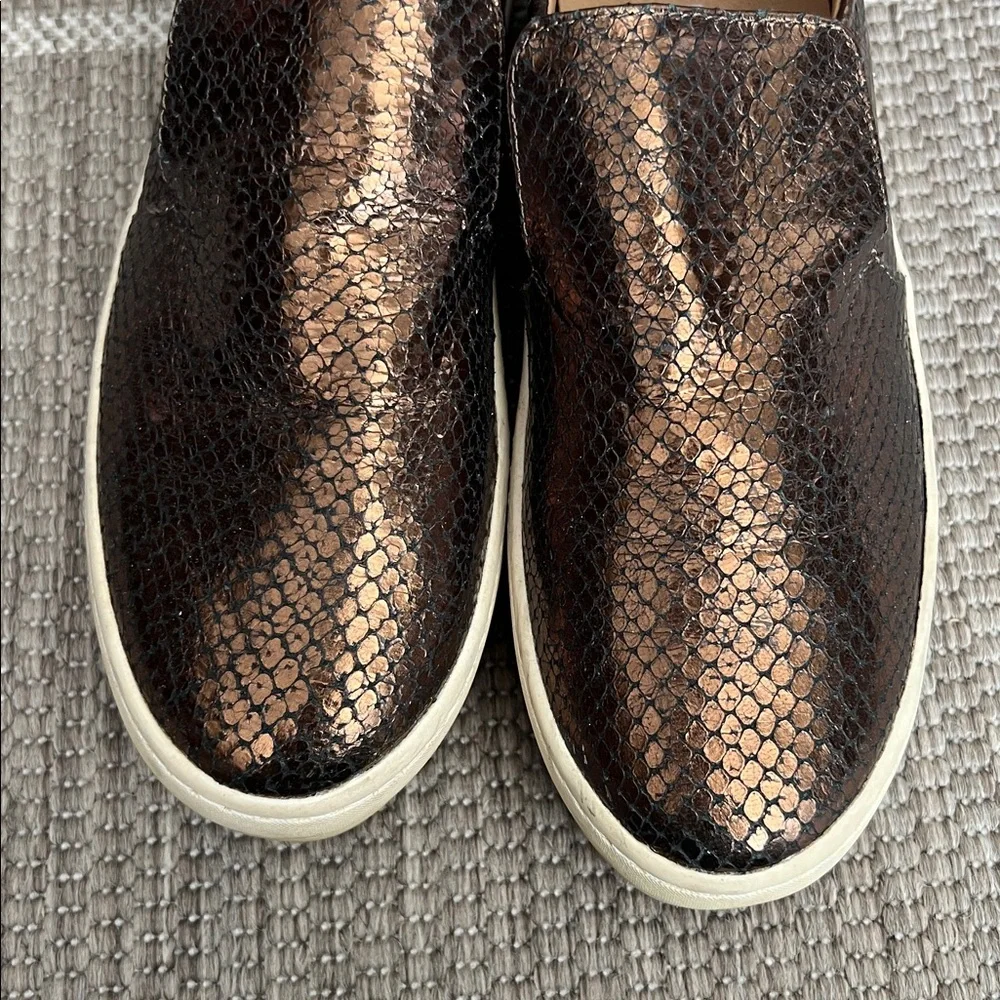 J/Slides Bronze Metallic Embossed Snake Print Slide on Platform Sneakers 7.5